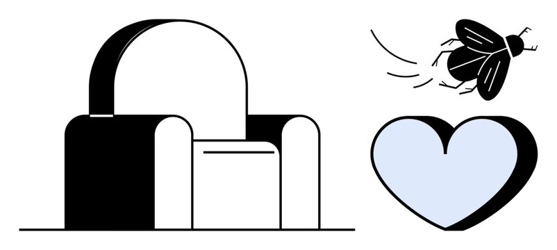 Minimalist armchair, a flying insect in motion, and a blue heart. Ideal for themes thumbs up comfort, interaction, disturbance, emotions, home mindfulness and balance. A simple flat metaphor