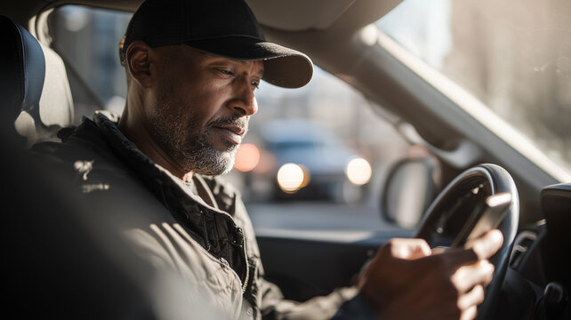 A man is holding his phone while driving, wearing black and a cap, sitting in the driver's seat of an suv. Ai generated