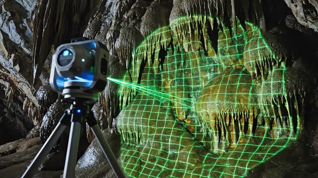 A powerful automated laser scanning device slowly rotates and projects a bright green grid across a massive, rough, damp cave wall texture in the deep dark cinematic, analysis, underground