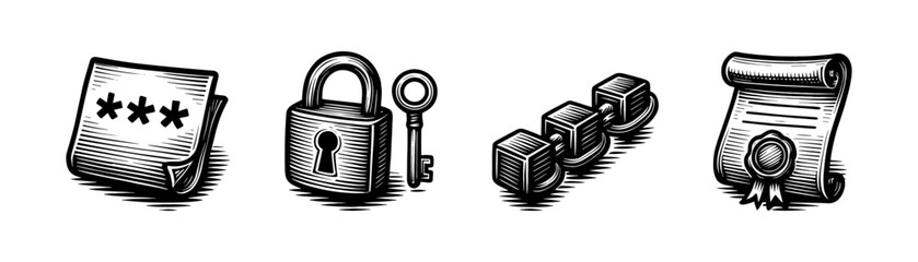 Password management vintage engraving icons set, encryption lock and digital certificate