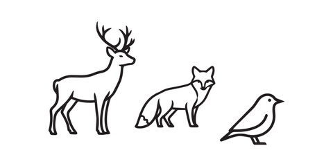 Collection of Wildlife Animals Line Art Illustration Vector with Deer Fox and Bird Characters