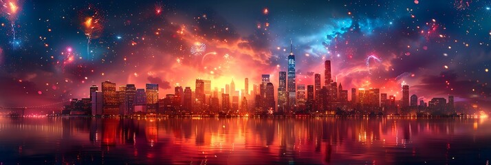 Fototapeta premium Panoramic Cityscape at Night with Vibrant Fireworks and Reflections