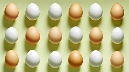 Arrangement of various eggs in shades of white and brown, displayed on a soft green background, showcasing natural textures and colors in a visually appealing pattern