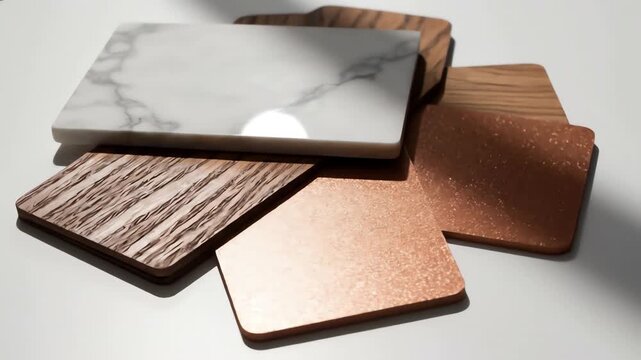 Abstract conceptual view of rotating interior design material swatches including polished stone wood grain and a metallic copper paint chip creating soft shifting shadows surface, palette, texture