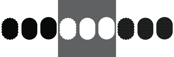 Fototapeta premium A dynamic arrangement of black and white geometric shapes, including smooth ovals, rounded rectangles, and serrated forms, set against contrasting backgrounds.
