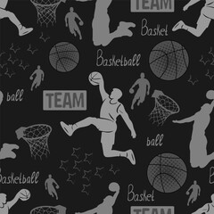 Basketball themed seamless pattern with players, hoops and balls in monochrome style. Ideal for sports fashion, kids apparel, branding, packaging, wallpapers and textile designs.