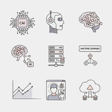 Artificial Intelligence and Machine Learning Outline Icon Set | Data Science Vector