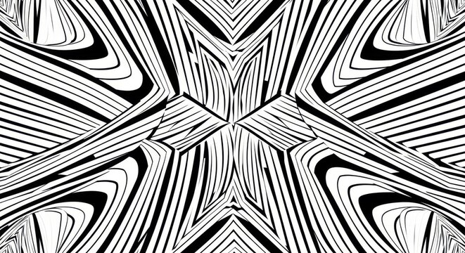 Abstract black and white geometric pattern with intricate linework and symmetrical design suitable