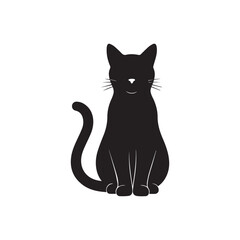 Silhouette cat in straight sitting pose with a curled tail for home pet design element