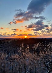 Winter Sunset Over Frosted Forest with Vibrant Clouds