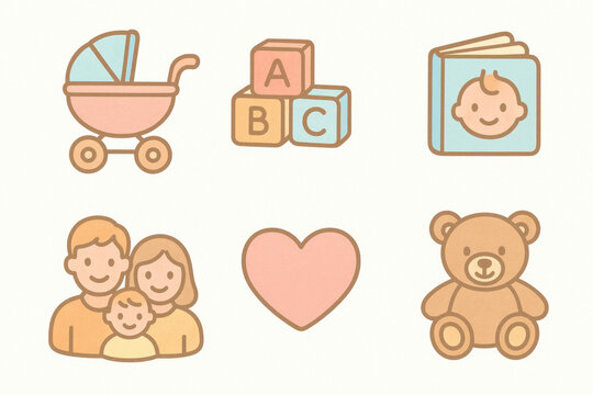 Ensemble d'ic&ocirc;nes vectorielles illustrant l'univers du b&eacute;b&eacute; et de la maternit&eacute;, biberon, nounours, sucette, berceau et accessoires de pu&eacute;riculture