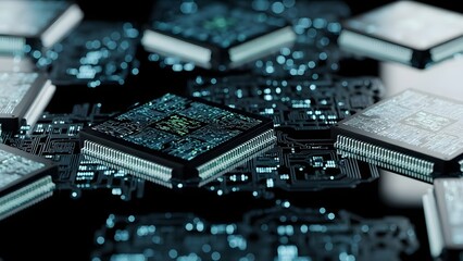 Close up futuristic image of interconnected microchips on a circuit board in a dark environment
