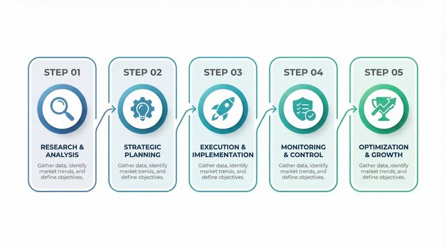 Design template for vector infographic labels with icons and 5 steps to illustrate a business process. Suitable for presentations, reports, marketing materials, and internal training