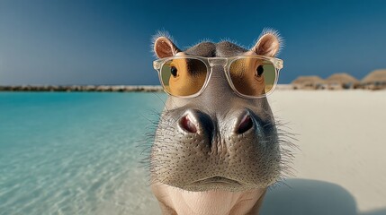 Hippopotamus wearing stylish sunglasses, posing playfully on a sandy beach, with turquoise water and clear sky in the background, capturing a fun summer vibe and playful atmosphere