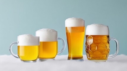Assorted beer glasses filled with golden beverages, showcasing different sizes and styles, with frothy tops against a soft blue background, perfect for beverage advertising and promotions