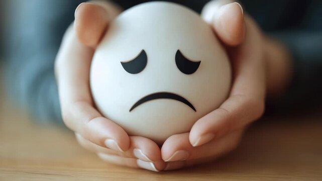 Video A person holds a white egg with a sad face drawn on it, possibly symbolizing emotional pain or distress