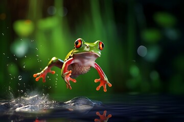 cartoon frog jumping in nature swamp background