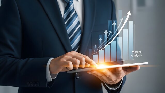 Businessman analyzing financial growth trends on tablet with rising graph and arrows business strategy and investment