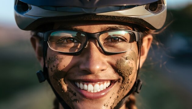 Woman smiling joyfully with muddy adventure face high resolution photo - Powered by Adobe