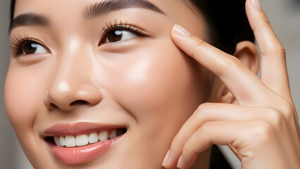 Obraz premium Close-up of a radiant woman with flawless skin, highlighting her healthy and beautiful appearance