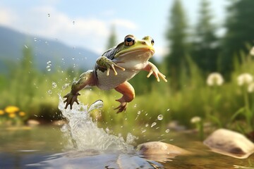 cartoon frog jumping in nature swamp background