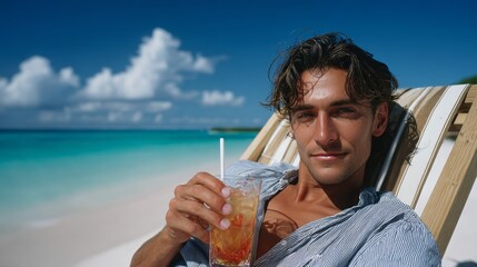 Young man relaxing on a beach chair, enjoying a refreshing drink while basking in the sun, with a stunning ocean view and fluffy clouds in the background, embodying a carefree summer vibe