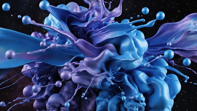 Abstract flow of electric blue and cosmic violet paint mixing and colliding in zero gravity, creating beautiful swirling patterns and fluid peaks pigment, spreading, ethereal