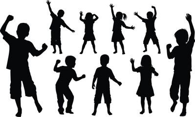Happy children silhouette set, boys and girls playing, jumping kids vector collection, active childhood black illustration isolated on white background.