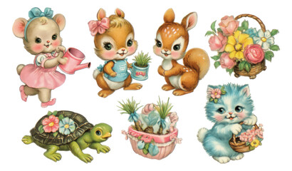 Obraz premium Vintage Pastel Illustration of Cute Animals and Baby Garden Helpers in the 50s