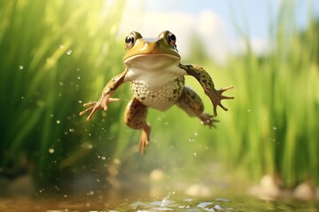 cartoon frog jumping in nature swamp background