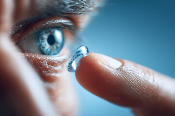 Close-up of a hand holding a contact lens on a finger, against a blue background. a man removing an eye. Ai generated