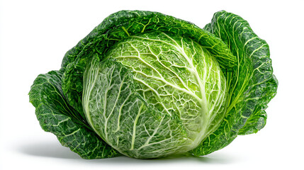 Obraz premium Close up shot of a fresh green cabbage on a white background surface