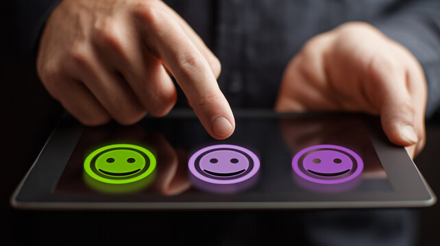 Close-up of hands touching an ipad screen, showing three different smiley face icons on the touch interface. Ai generated