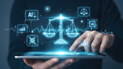 Fototapeta premium A person's hand interacting with a glowing digital scale representing the legal system and technology, the image is conceptual and modern