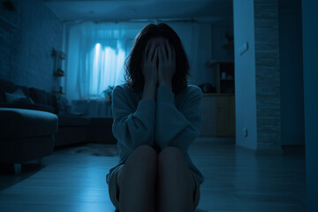 Full-body photograph of a sad woman sitting on the floor in a living room, crying and covering her face with her hands, at night. Ai generated