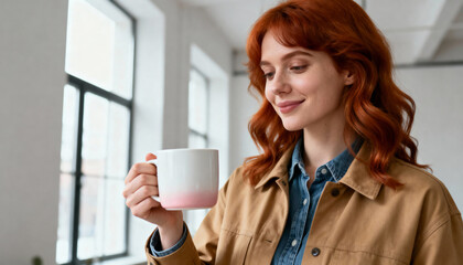 Portrait of a smiling young redhead enjoying a coffee break. Cozy Christmas feeling at home or in the office