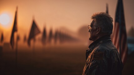 Soldier standing near American flags with glasses