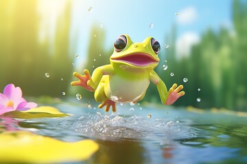 frog jumping in swamp nature blurry background