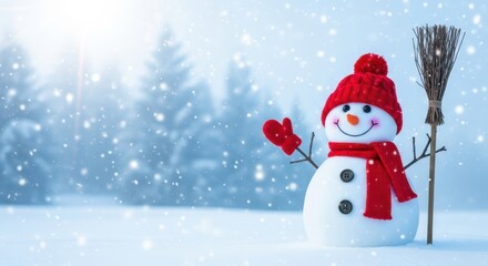 Fototapeta premium Merry christmas and happy new year greeting card with copy-space.Happy snowman standing in christmas landscape.Snow background.Winter fairytale.