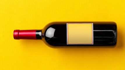 Wine bottle with blank label positioned on vibrant yellow background, showcasing the elegant shape and color contrast, ideal for branding and marketing purposes in beverage industry