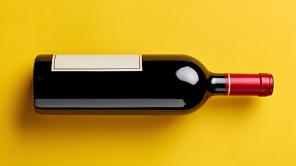 Elegant red wine bottle with a blank label, positioned horizontally on a vibrant yellow background, showcasing the rich color and smooth texture of the glass, ideal for product promotion and design