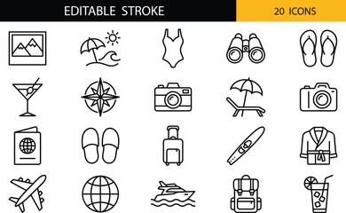 Minimal vacation and travel line icon set featuring beach elements, luggage, passport, camera, transportation symbols, and summer holiday essentials.