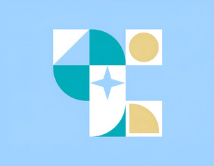 Abstract geometric shapes with semicircles, star, and circles in teal, beige, and white on light blue background