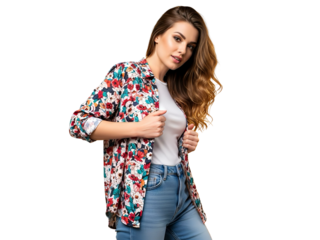 Casual young woman in floral shirt and jeans smiling isolated on white background