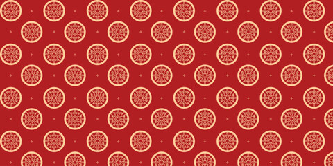 Seamless festive pattern with circular golden snowflake emblems and tiny star accents on a rich red background, perfect for Christmas wrapping paper, luxury packaging, greeting cards and elegant holid