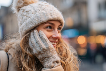 Photo of a woman wearing gloves and hat holding her cheek with one hand, smiling in the city street during winter day time. close up view. Ai generated