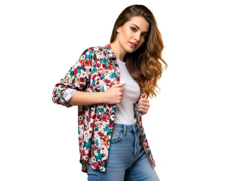 Casual young woman in floral shirt and jeans smiling isolated on white background - Powered by Adobe