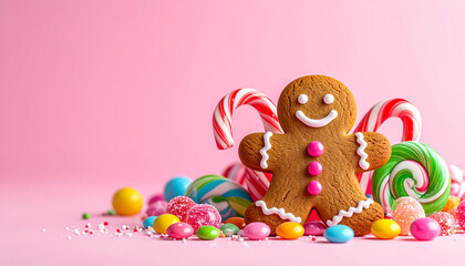 Cute gingerbread surrounded by Christmas candyland with colorful sweets
