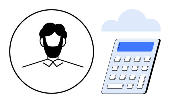 Circle with a minimalist male avatar, cloud icon, and digital calculator highlight online accounting, personalized finance, and cloud-based tools. Ideal for technology, education, business, finance