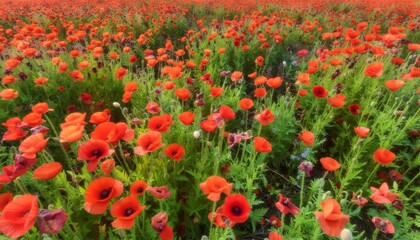 Fototapeta premium Radiant poppy flowers emerging from colorful background high resolution photo